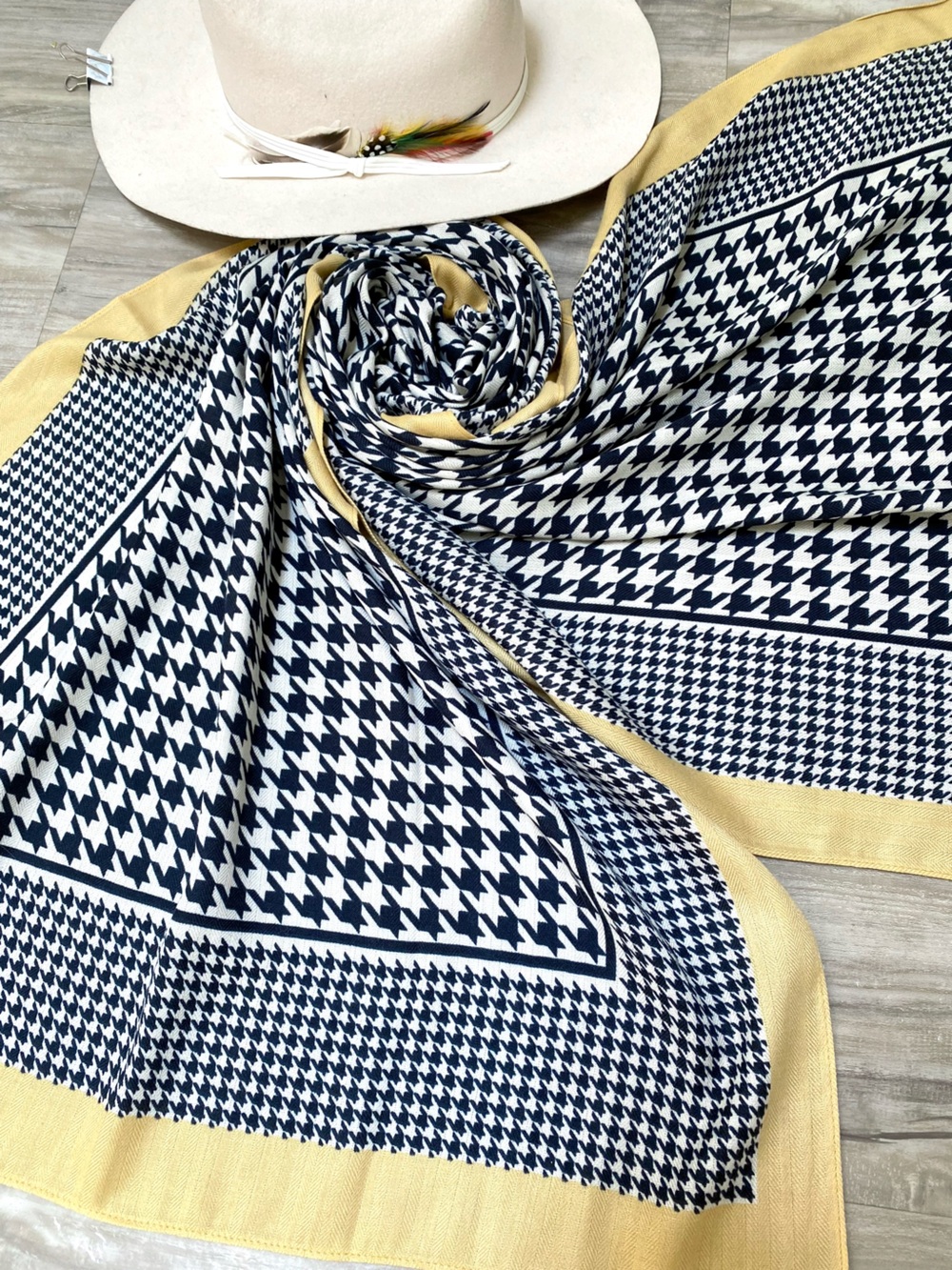 Houndstooth Scarf in Black & Yellow Border w equestrian country vibe
